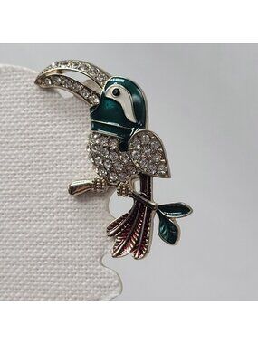 Crystal Toucan Bird Brooch Jewelry Pin With Rhinestones & Enamel Accents 2"